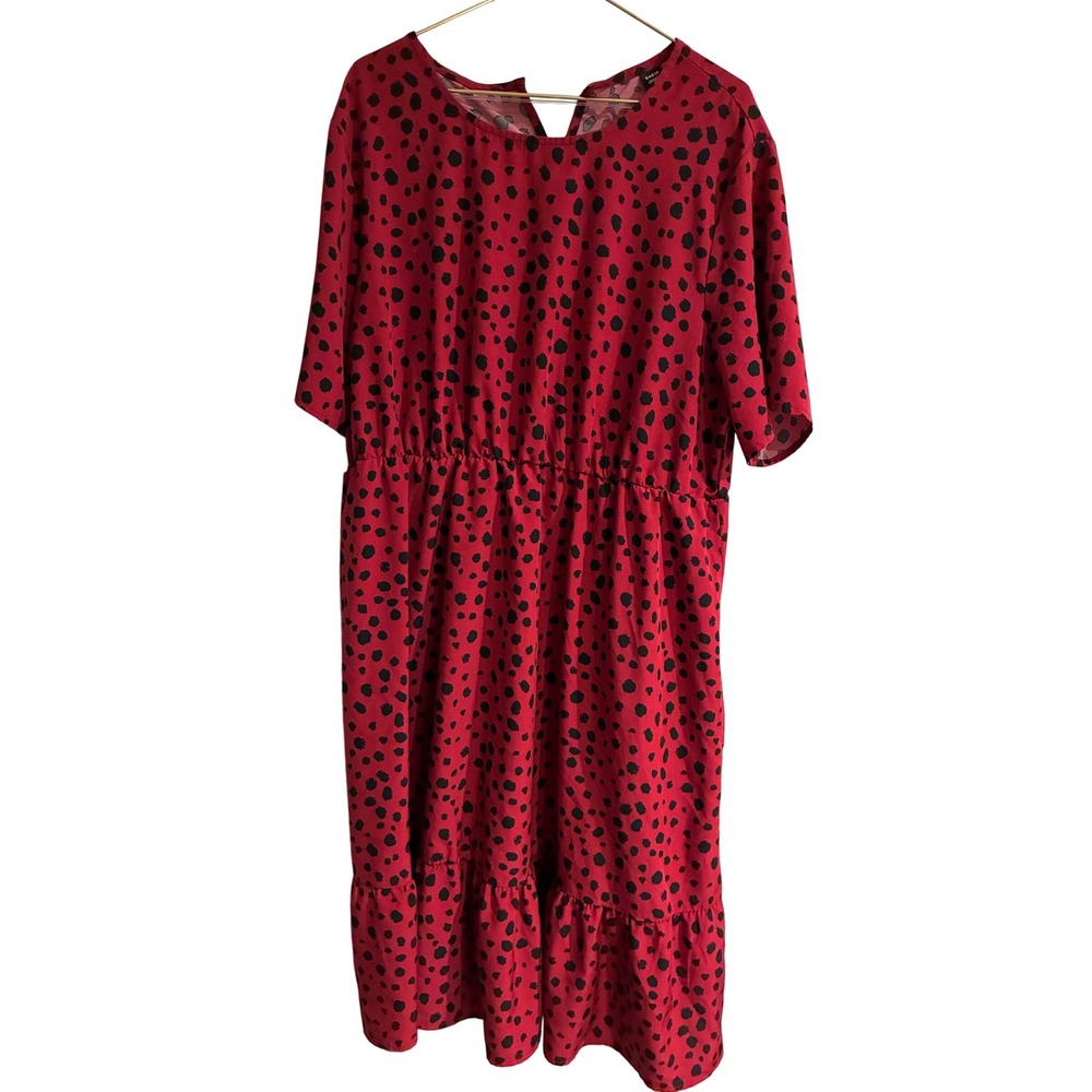 SHEIN Curve Red Black Dalmatian Print Tiered Ruffle Midi Dress 1XL